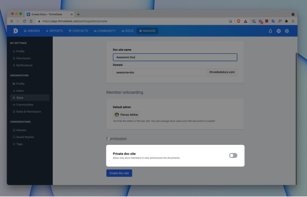 private doc site - ThriveDesk