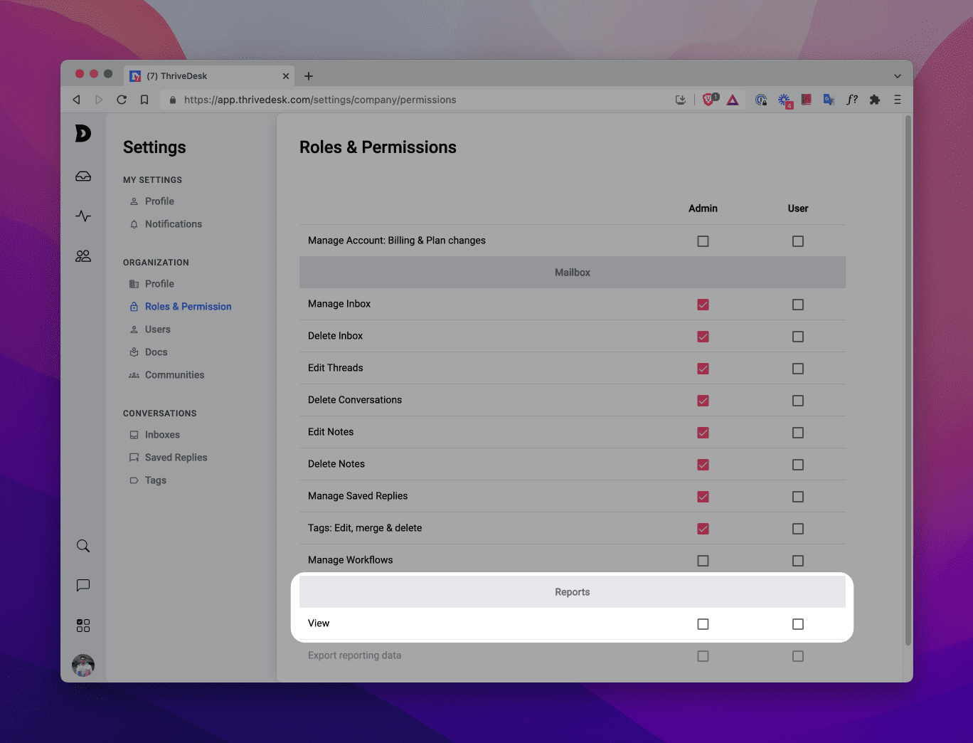 report permission - ThriveDesk